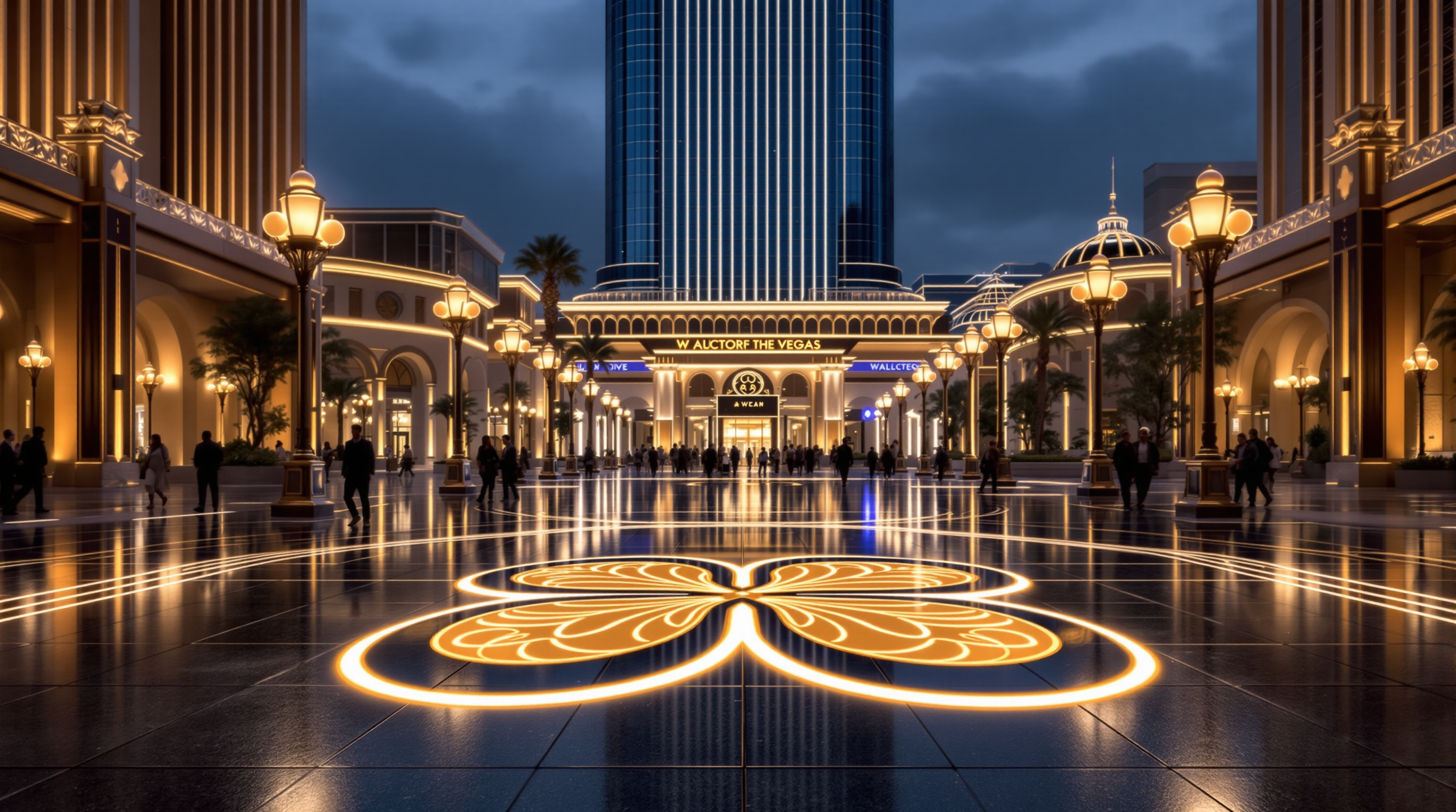 Lucky Clover Square — ground level POV showing the plaza lanterns and surrounding facades